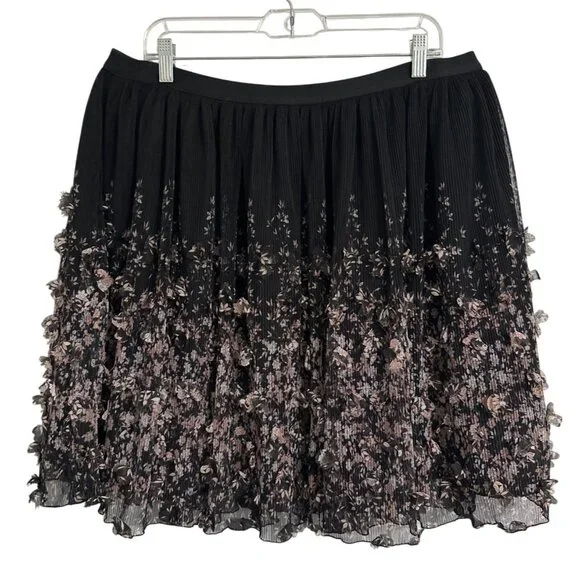 A New Day Black 3D Floral & Pink Skirt XL Elastic Waist Forest Fairy Whimsigoth - Picture 2 of 9
